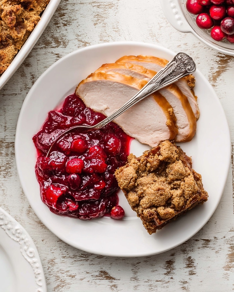 A white round bowl is filled with a thick layer of bright red cranberry sauce, showing both whole and crushed cranberries mixed with a glossy, syrupy texture. The sauce is topped with small orange zest pieces scattered on the surface. The bowl sits on a white marbled textured surface with cinnamon sticks, a sliced orange, salt and pepper shakers, a spoon on a white and green striped cloth, and a bowl of potatoes blurred in the background. Photo taken with an iphone --ar 4:5 --v 7
