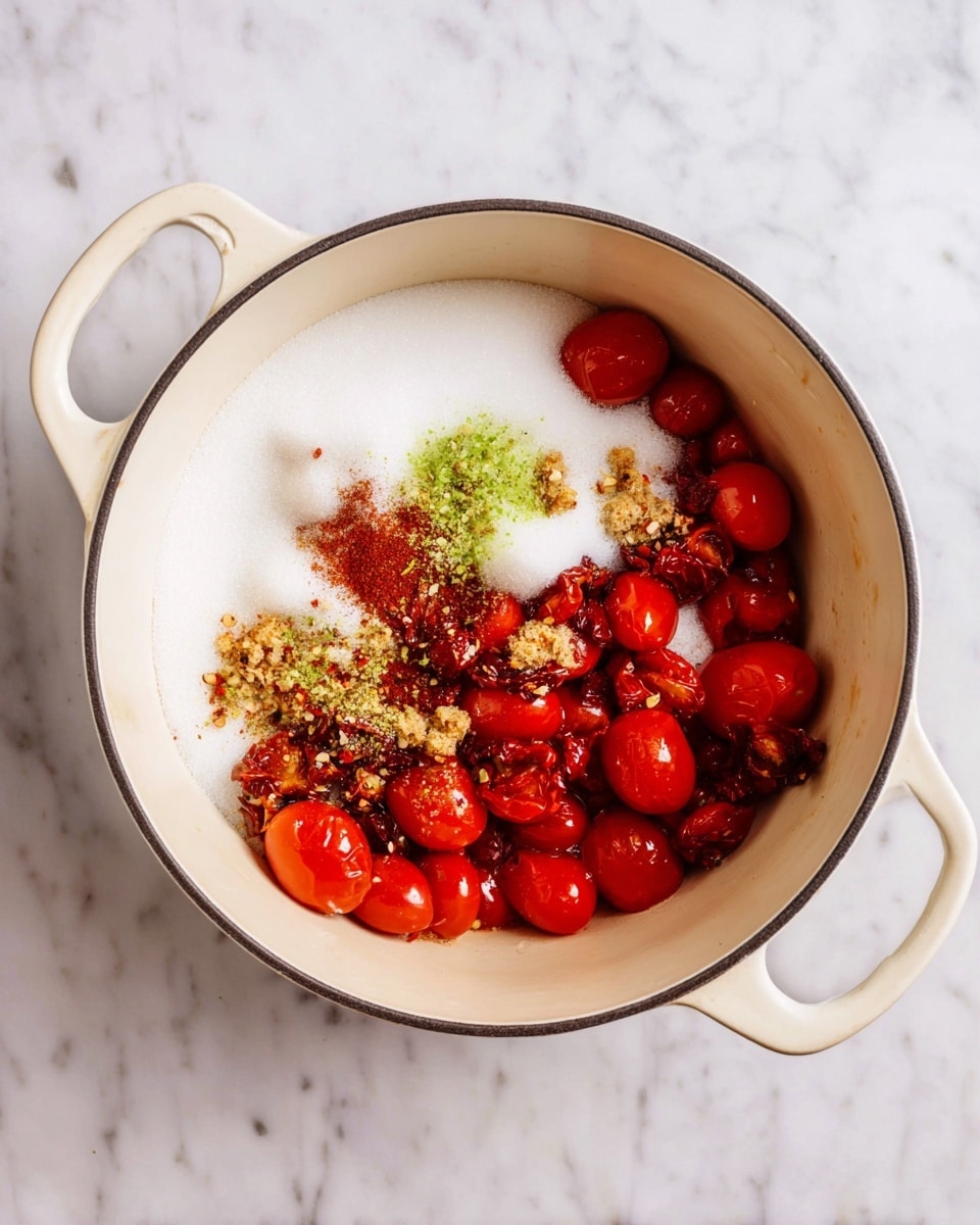 A white pot with two handles is placed on a white marbled surface, inside the pot are three main layers: at the bottom are many halved, shiny red cherry tomatoes showing their juicy insides, on top of them is a layer of white granulated sugar covering some tomatoes fully and some partly, scattered on and around the sugar are small bits of light brown minced garlic, green lime zest, dark red chili flakes, and light brown ground spices, all layers create a colorful mix of red, white, green, and brown inside the pot photo taken with an iphone --ar 4:5 --v 7