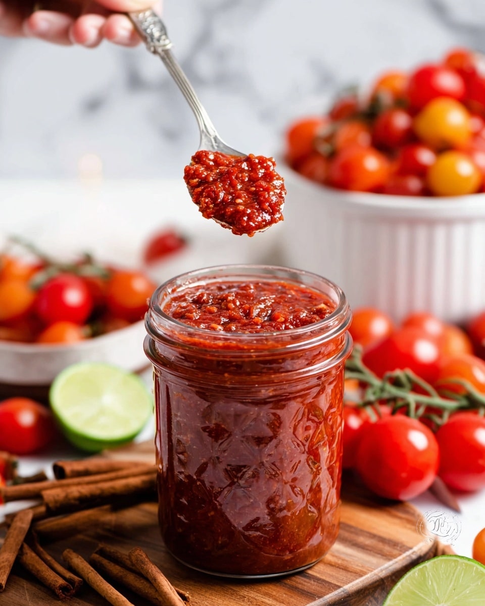 A clear glass jar is filled with a thick, chunky red sauce with visible tomato pieces and seeds suspended in the liquid. The jar is set on a white marbled surface, surrounded by bright orange and red tomatoes, vibrant green lime halves, cinnamon sticks, and small white bowls with red spices nearby. The sauce fills the jar close to the top, creating a rich texture with glossy highlights. Photo taken with an iphone --ar 4:5 --v 7