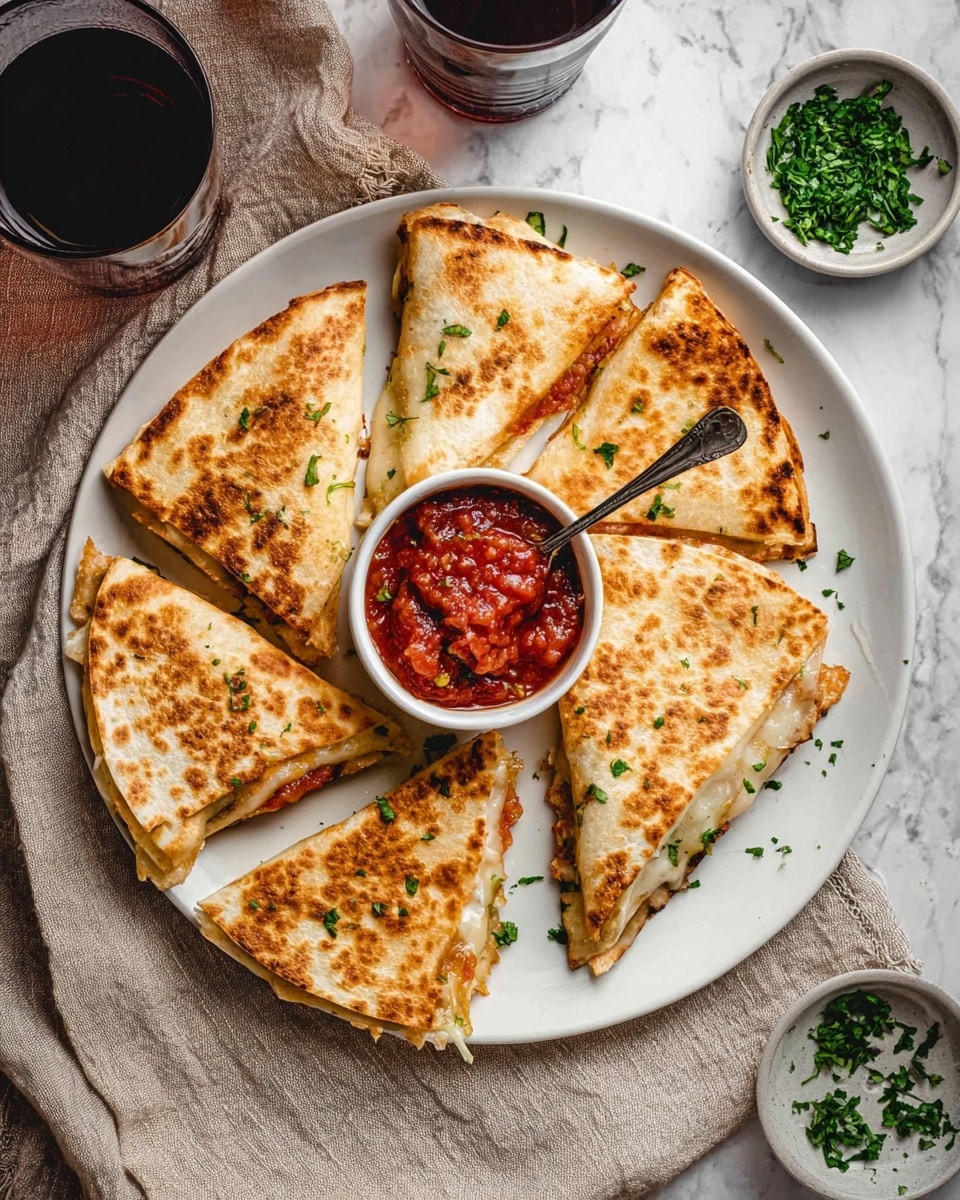 A white plate holds eight golden brown triangular quesadilla slices arranged in a circle, with some sprinkled with small green herb pieces for garnish. In the center of the plate is a small white bowl filled with chunky red salsa and a small silver spoon inside. To the right of the plate is a small bowl containing chopped green herbs. The plate and bowls rest on a beige textured cloth placed on a white marbled surface. Two dark brown glasses filled with a dark liquid are partially visible at the top of the image. photo taken with an iphone --ar 4:5 --v 7