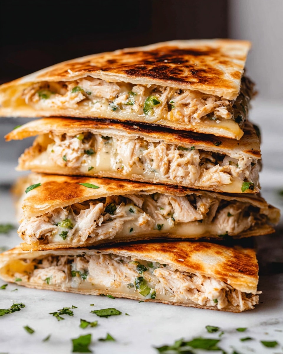 A stack of four triangular quesadilla slices is shown on a white plate with slight texture, placed on a white marbled surface. Each quesadilla slice has a golden-brown grilled tortilla on top and bottom, with a thick, textured filling of shredded chicken mixed with finely chopped green herbs and melted cheese, creating a slightly creamy and stringy look. The layers of chicken and cheese are packed inside each folded tortilla, with some bits of herbs visible throughout. The image focuses on the side view of the stacked quesadilla slices with a blurred background, giving a close and detailed look at the textures and colors. Photo taken with an iphone --ar 4:5 --v 7