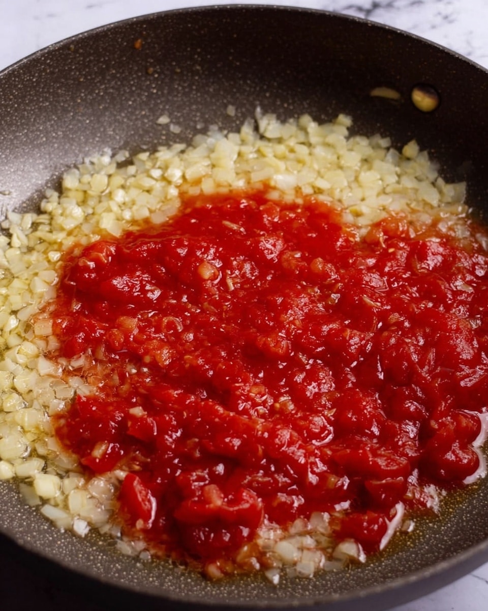 The image shows a close-up of shredded cooked chicken mixed with bits of red sauce and small pieces of vegetables, placed in a large white speckled bowl. The shredded chicken is light beige with some darker brown areas where the sauce and vegetables have mixed in, giving a moist texture. The sauce looks slightly oily and red, coating the chicken unevenly. Inside the bowl, a shiny metal spoon is partially visible at the bottom right corner. The background surface is white with a marbled texture. The photo taken with an iphone --ar 4:5 --v 7