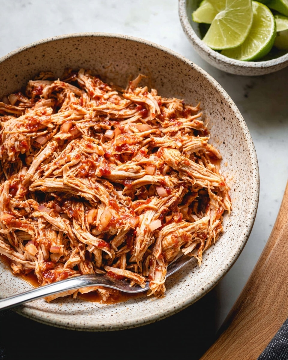 A large white speckled bowl filled with shredded chicken mixed with red sauce and small pieces of onions, showing a mix of light brown and reddish colors with a moist texture. A silver fork rests inside the bowl at the bottom left. Behind the bowl, there is a smaller white speckled bowl holding green lime wedges, and to the right, part of a round wooden cutting board is visible. The whole setup is placed on a white marbled surface. photo taken with an iphone --ar 4:5 --v 7