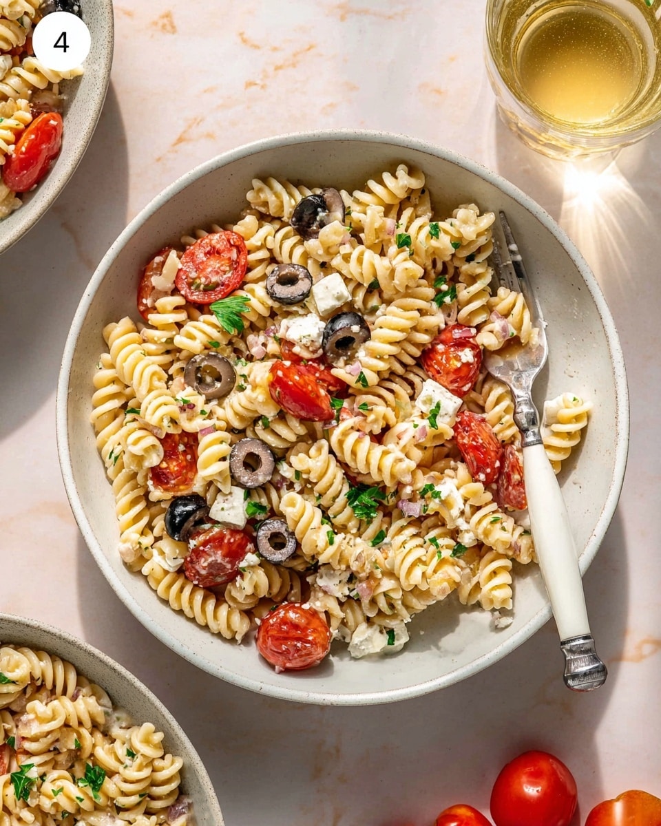 A close-up of a white scalloped bowl filled with creamy rotini pasta salad, showing a mix of four main layers: the pale yellow pasta spirals form the base, scattered with bright red cherry tomato halves and small dark brown sliced olives, plus light purple chopped onion pieces and white crumbled cheese. Fresh green parsley leaves are placed on top, adding contrast to the creamy pasta that has a light oily texture. The bowl is set on a white marbled surface with part of a clear amber glass visible on the side and some more parsley and white bowls blurred in the background. photo taken with an iphone --ar 4:5 --v 7