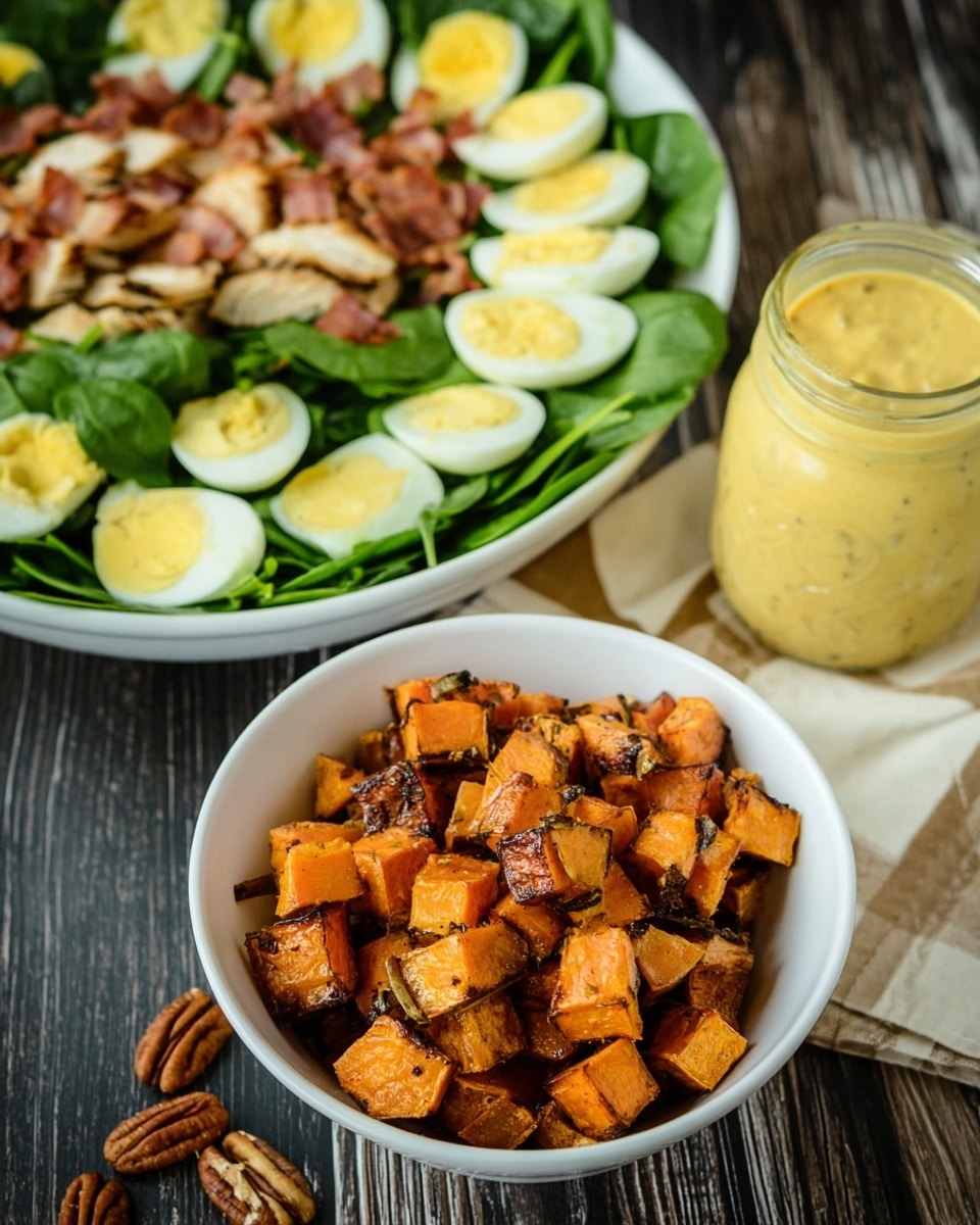 A white bowl filled with a salad on a white marbled surface, with green spinach leaves as the base layer. On top, there is a layer of grilled chicken slices with light grill marks on the left side, cubed roasted orange sweet potatoes with seasoning on the top right, chopped bacon pieces in the center, and slices of hard-boiled egg at the bottom right. Small clusters of pecans are placed in the bottom right corner next to the eggs. Everything is drizzled with a creamy dressing that has a light yellow color and some black pepper sprinkled over it. In the background, there is a white bowl filled with green spinach leaves and three gold forks placed on a beige and gray striped cloth. Photo taken with an iphone --ar 4:5 --v 7