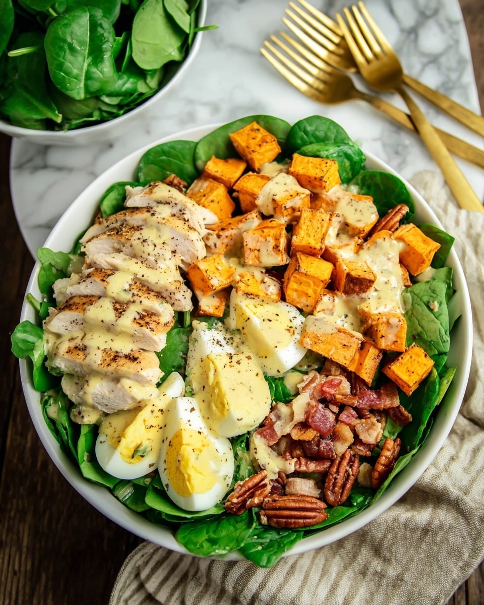 A white bowl filled with a fresh green spinach leaf base forms the bottom layer. On top of the spinach, there are four groups of toppings arranged in parts of the bowl: grilled white chicken pieces with brown grill marks on the left, browned and crispy bacon bits in the middle, bright orange roasted butternut squash cubes on the upper right, and a few pecan halves on the lower right. Sliced hard-boiled eggs with bright yellow yolks and a white exterior are placed at the bottom right. A creamy light yellow dressing is drizzled over all the layers, and a sprinkle of black pepper adds texture on top. The bowl is placed on a white marbled surface, with golden forks and a striped cloth in the blurred background. Photo taken with an iphone --ar 4:5 --v 7