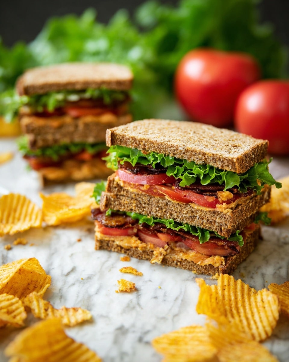 The image shows two sandwiches stacked with three visible layers of light brown whole-grain bread. Inside each sandwich, there is a green lettuce layer on top, followed by bright red tomato slices, a crispy dark brown layer that looks like bacon, and a creamy light orange spread underneath, with another layer of lettuce and tomato visible between the bread slices. The sandwiches sit on a white marbled surface scattered with yellowish, ridged chips around them. There is a blurred red tomato and green lettuce in the background. Photo taken with an iphone --ar 4:5 --v 7