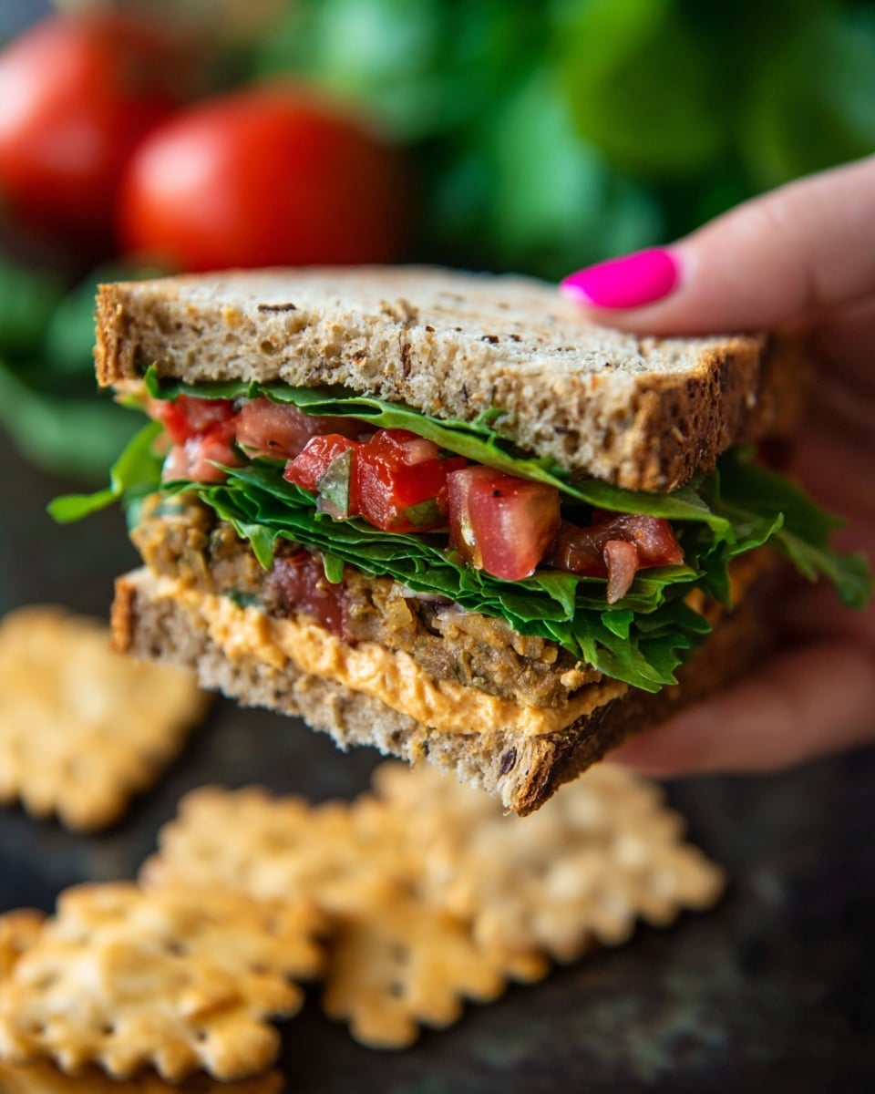A close-up of a sandwich stacked in three visible layers. The bottom layer is a slice of brown whole grain bread, topped with fresh green lettuce and diced bright red tomatoes. Above that is a thick spread of light orange creamy mixture with specks of vegetables, followed by a dark brown grilled patty. The next layer repeats with green leafy lettuce and diced tomatoes, all held together by the top slice of brown whole grain bread. The sandwich sits on a white marbled textured surface with some yellowish tortilla chips scattered around, and blurred greens and tomatoes in the background. photo taken with an iphone --ar 4:5 --v 7