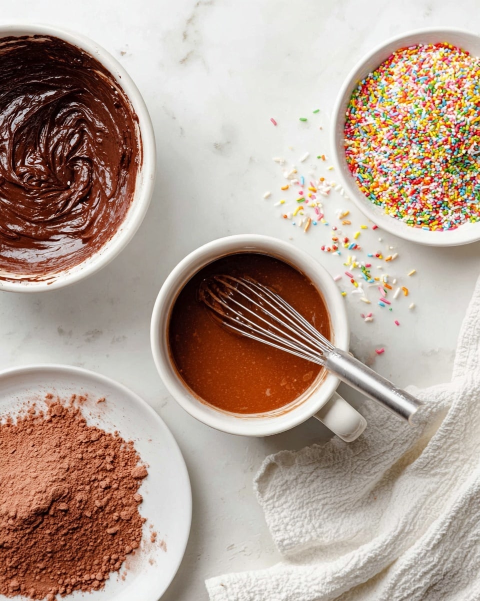 The image shows four white dishes on a white marbled surface, arranged for baking preparation. In the center, a white mug holds smooth brown batter being stirred with a small metal whisk. To the left, a white bowl contains thick, dark chocolate frosting with a shiny, creamy texture. Below it, a white plate with powdery brown cocoa mix resting in an uneven pile. On the right, a small white plate is filled with colorful rainbow sprinkles, some scattered on the surface nearby. A white textured cloth is placed on the bottom right edge of the image. Photo taken with an iphone --ar 4:5 --v 7