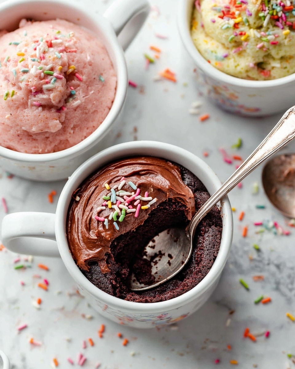 The image shows a close-up of three white mugs on a white marbled surface, each containing a different type of mug cake. The central mug holds a rich dark brown chocolate cake topped with a thick spread of smooth chocolate frosting decorated with colorful sprinkles, and a spoon inside reveals the moist, crumbly chocolate cake layer beneath. The mug above it contains a light pink cake with a soft, fluffy texture and a smooth top without decoration. The mug below shows a white or vanilla cake with colorful sprinkles baked into the top, visible as small bursts of color. Scattered around the mugs are more colorful sprinkles, adding a playful touch. photo taken with an iphone --ar 4:5 --v 7