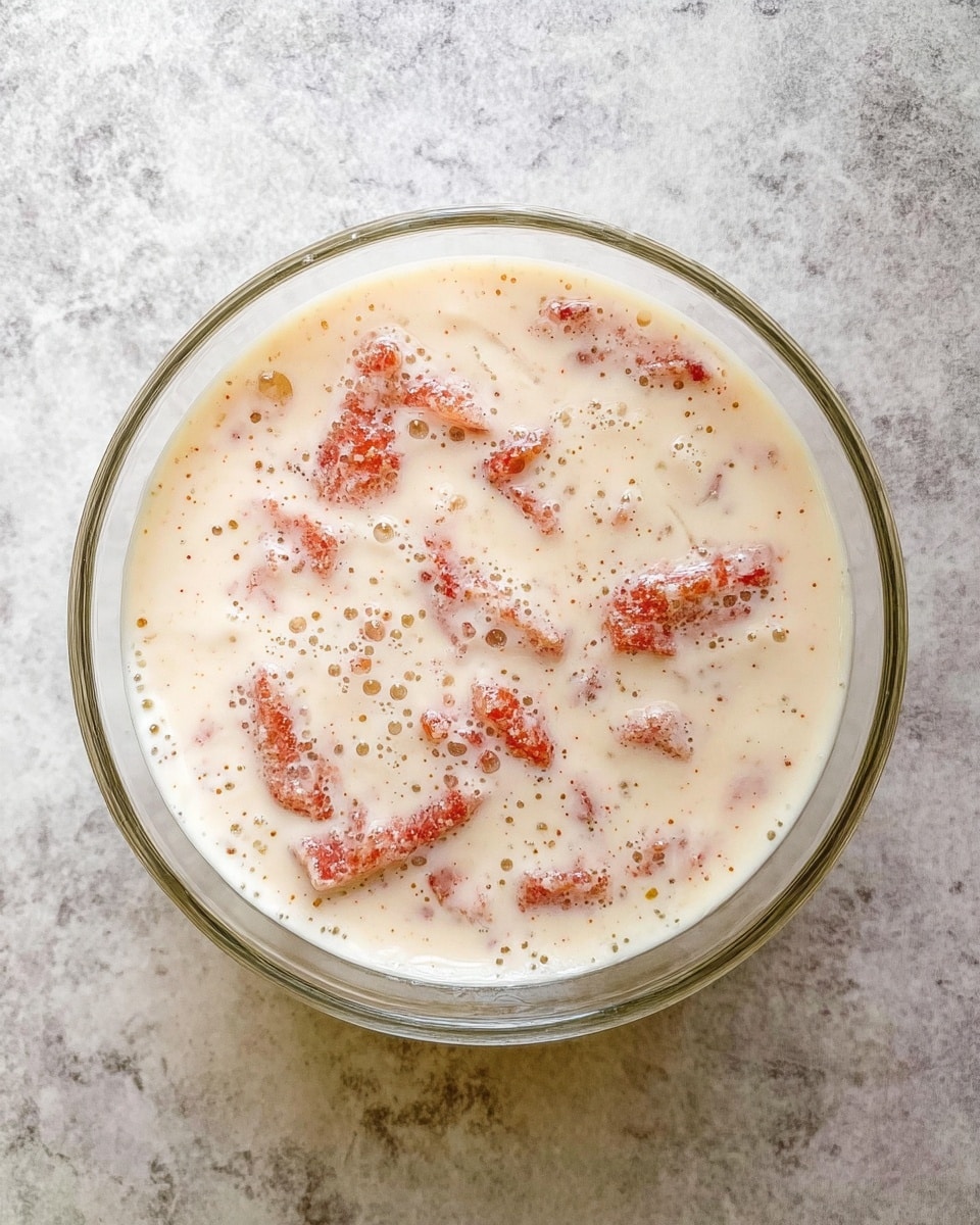 A clear glass bowl filled with light cream-colored liquid mixed with small pieces of reddish food, possibly meat or fruit, floating evenly throughout. The texture of the liquid looks smooth and slightly thick, with tiny bubbles spread on the surface. The bowl is placed on a white marbled textured surface. photo taken with an iphone --ar 4:5 --v 7