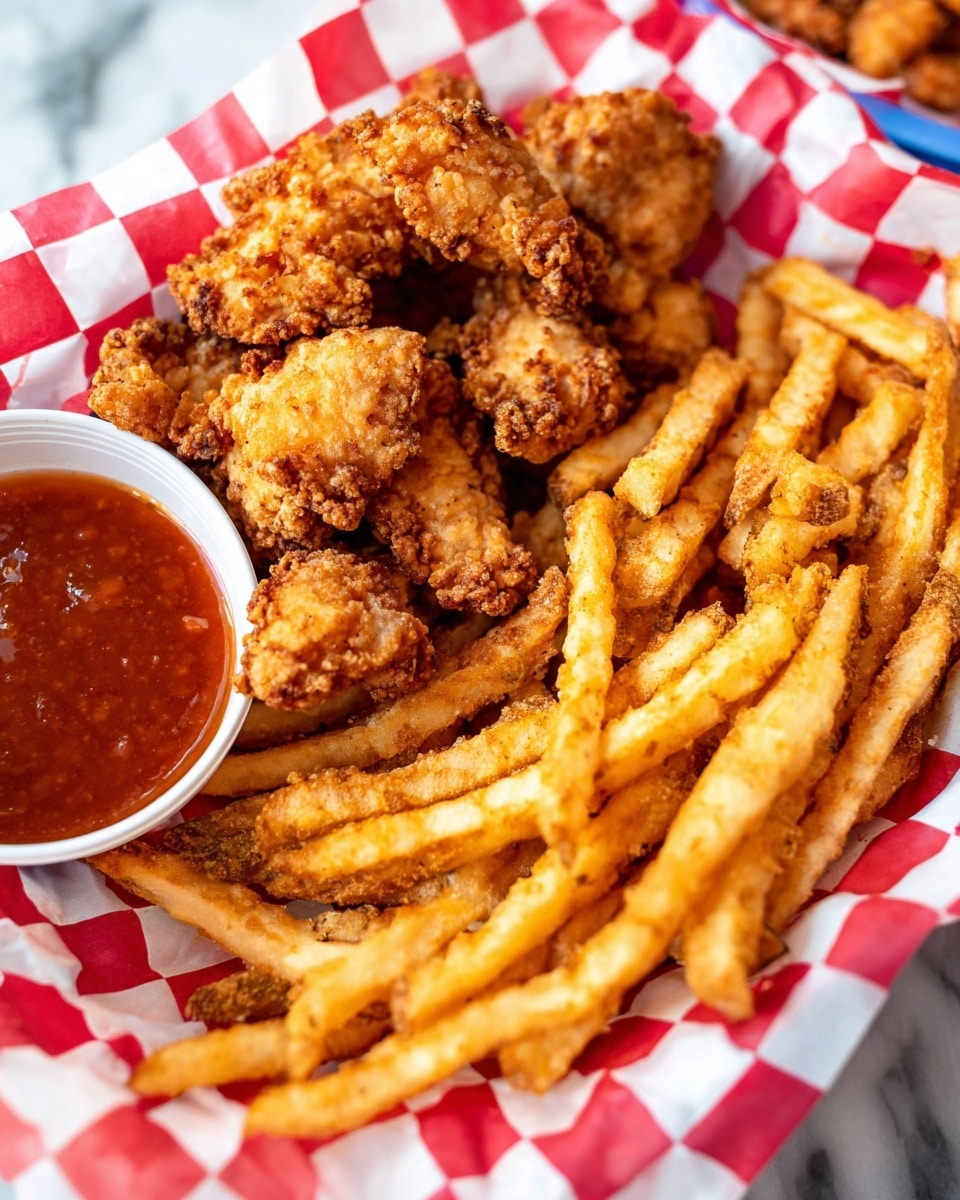 A white basket lined with red and white checkered paper filled with multiple golden brown fried chicken strips with a rough, crispy texture piled on the left side and thick, crunchy golden fries stacked closely on the right side. In the bottom left corner, part of a white round bowl of reddish dipping sauce is visible, all set on a white marbled surface. photo taken with an iphone --ar 4:5 --v 7