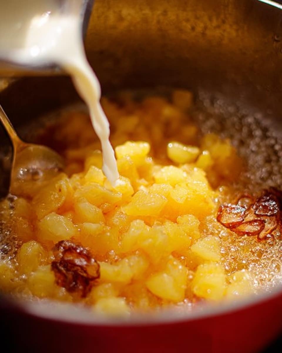 The image shows a close-up view of small, soft, yellowish fruit pieces cooking in a pot with a reddish exterior edge visible. A stream of white liquid is being poured in the center over the fruit pieces, creating a contrast with the warm tones. The inside of the pot has a textured, slightly shiny surface with the fruit pieces clustered together and some brown caramelized bits visible at the edges. A metal utensil is slightly seen on the left side of the pot. The overall scene is focused on the cooking process with soft lighting. Photo taken with an iphone --ar 4:5 --v 7