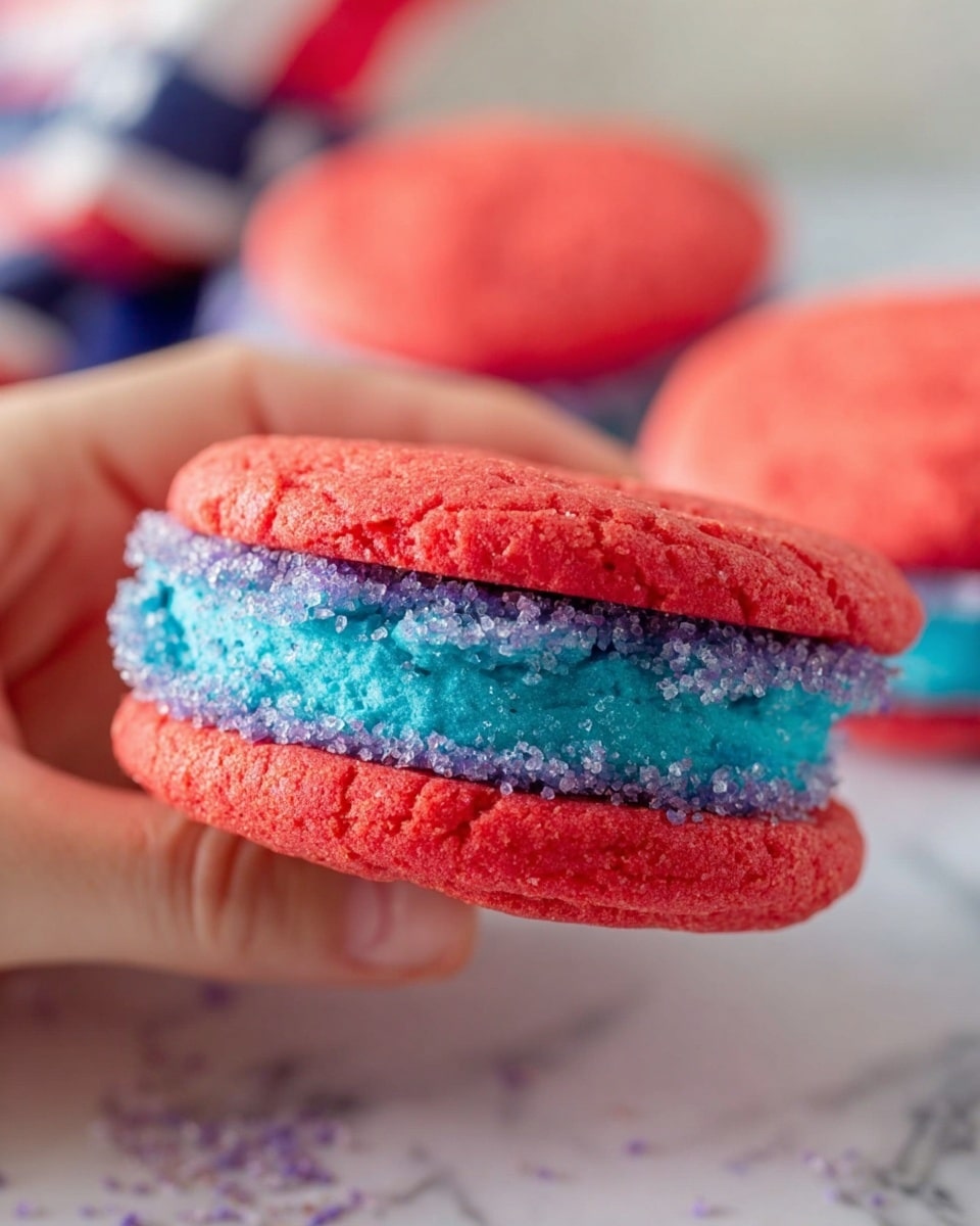 The image shows a close-up of a colorful sandwich cookie held by a woman's hand. The cookie has three layers: the top and bottom layers are bright red with a rough texture and some purple sugar sprinkles, while the middle layer is thick, blue, and grainy like sugar crystals. The background has more red cookies slightly out of focus, resting on a white marbled surface. Photo taken with an iphone --ar 4:5 --v 7