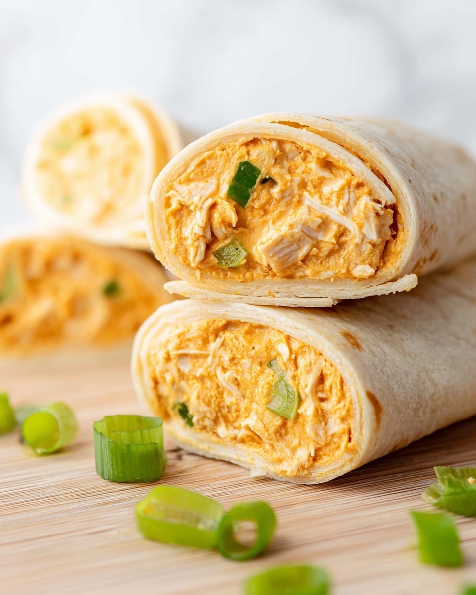 A stack of rolled wraps cut into small pieces showing three visible layers: a white flour tortilla on the outside, a thick creamy orange spread mixed with small green bits inside, and garnished with rounds of fresh green onion scattered on top and around. The wraps are placed on a wooden board with a white marbled surface visible at the edges. The texture of the filling looks soft and smooth, while the tortilla is slightly spotted with light brown. Photo taken with an iphone --ar 4:5 --v 7