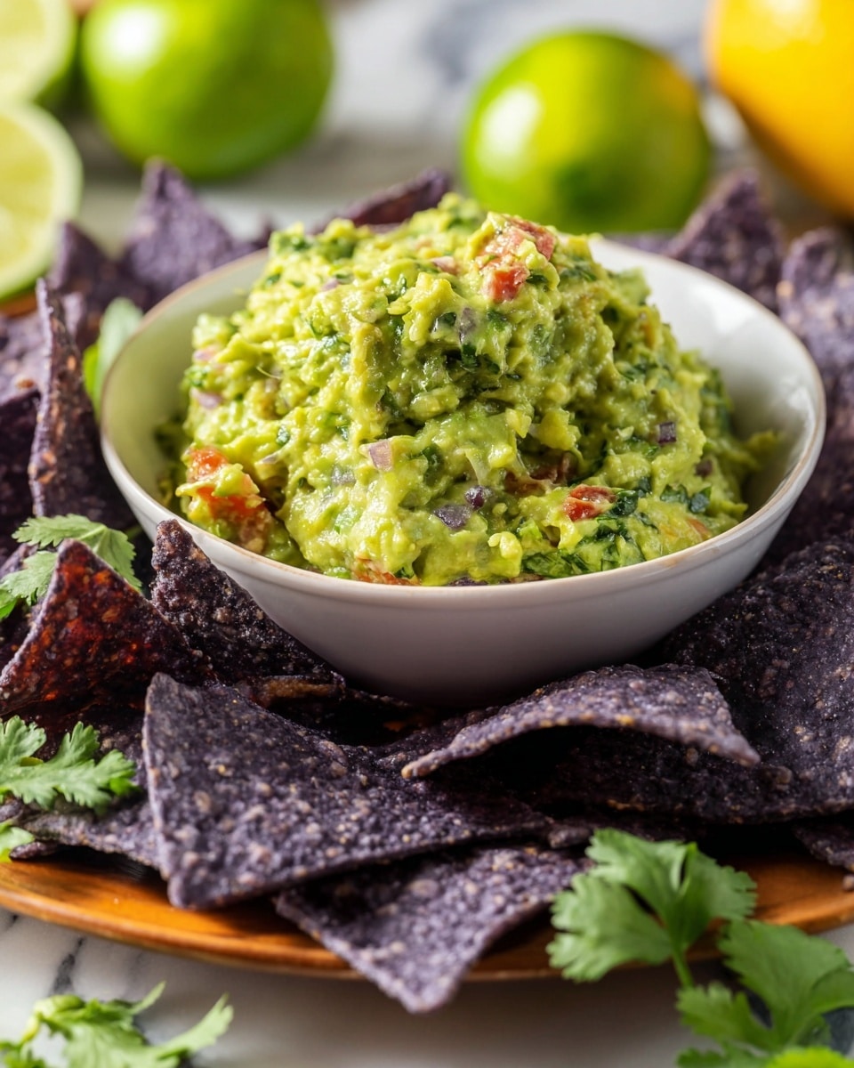 A white bowl in the background is filled with chunky green guacamole mixed with small pieces of tomato and cilantro, showing a creamy yet textured look. In the front, a close-up shows a scoop of the same green guacamole placed in the center of dark purple corn tortilla chips that form a star shape around it. Some cilantro leaves are scattered around the chips, while blurred whole and halved limes sit behind the bowl. The scene is set on a white marbled surface with a warm light highlighting the fresh colors and textures of the guacamole and chips. photo taken with an iphone --ar 4:5 --v 7