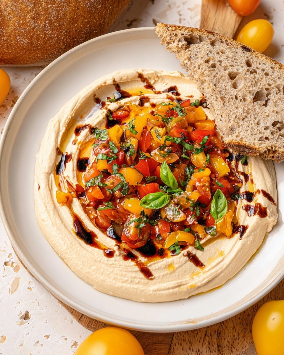 A white plate filled with a creamy, smooth beige hummus spread in an even layer with slight swirls, topped in the center by a colorful mix of chopped red, yellow, and orange tomatoes with green basil leaves scattered in, and drizzled with a dark balsamic glaze. On the right side, a slice of multigrain bread leans into the hummus, showing its porous, textured surface. The plate sits on a white marbled surface with some whole yellow tomatoes and a round loaf of bread on a wooden board nearby. photo taken with an iphone --ar 4:5 --v 7
