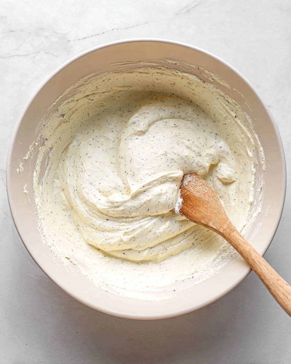 A large white bowl holds a creamy white mixture with small black specks spread evenly throughout, showing a soft, smooth, and fluffy texture. A wooden spoon with a rounded tip is partially buried in the mixture on the right side of the bowl. The inside sides of the bowl have remnants of the creamy mixture, giving a slightly textured look around the edges. The bowl is placed on a white marbled surface. photo taken with an iphone --ar 4:5 --v 7