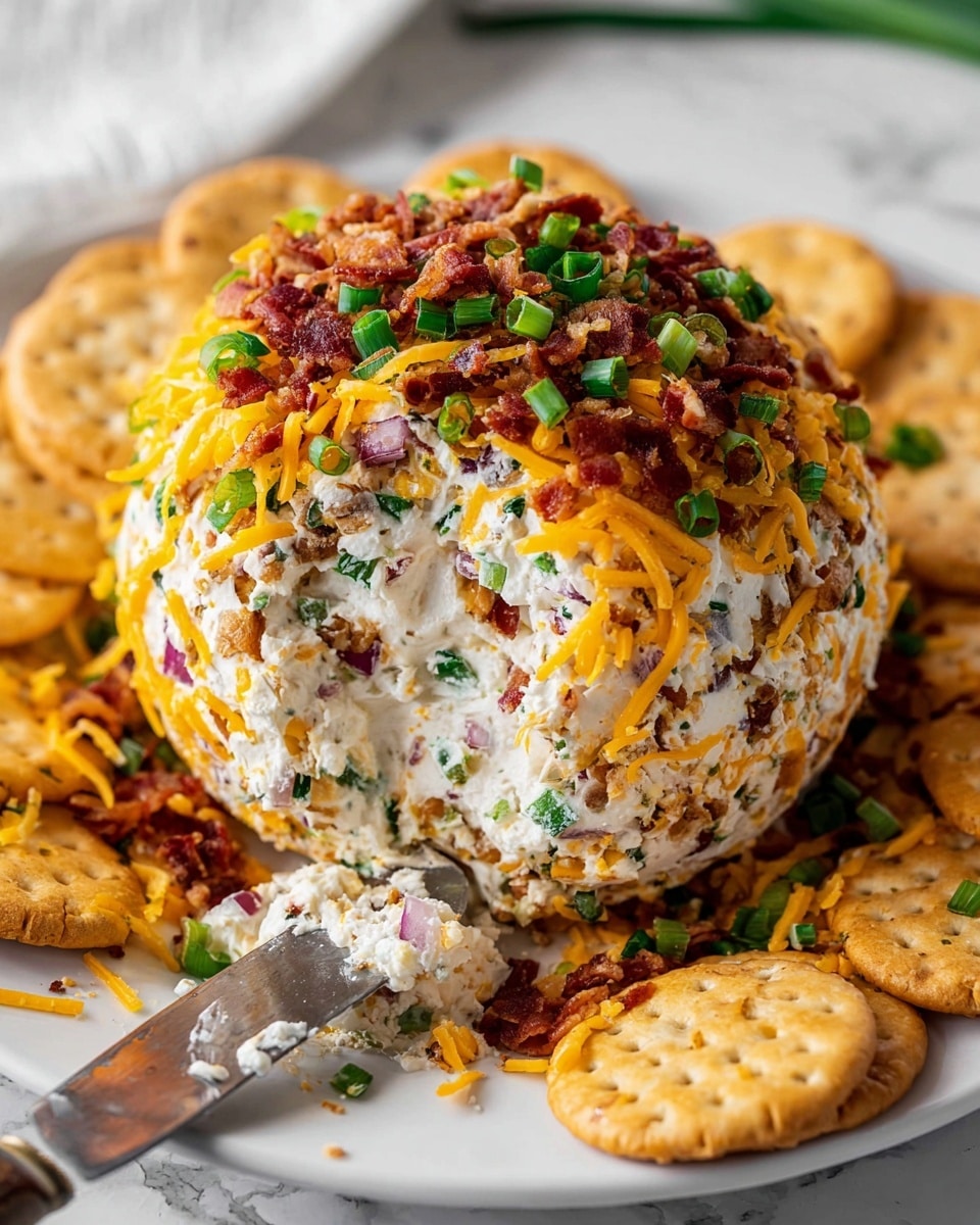 A round cheese ball is shown in the center on a white plate that sits on a white marbled surface. The inside layer is creamy white cheese mixed with green chopped herbs and small bacon bits. The outside layer is covered with shredded orange cheddar cheese, chopped red onions, green scallions, and crispy brown bacon pieces. Around the cheese ball, there are round beige crackers sprinkled with shredded cheddar and green scallions. A knife with some creamy cheese on its blade rests at the bottom of the plate with a woman's hand setting it near the cheese ball. Photo taken with an iphone --ar 4:5 --v 7
