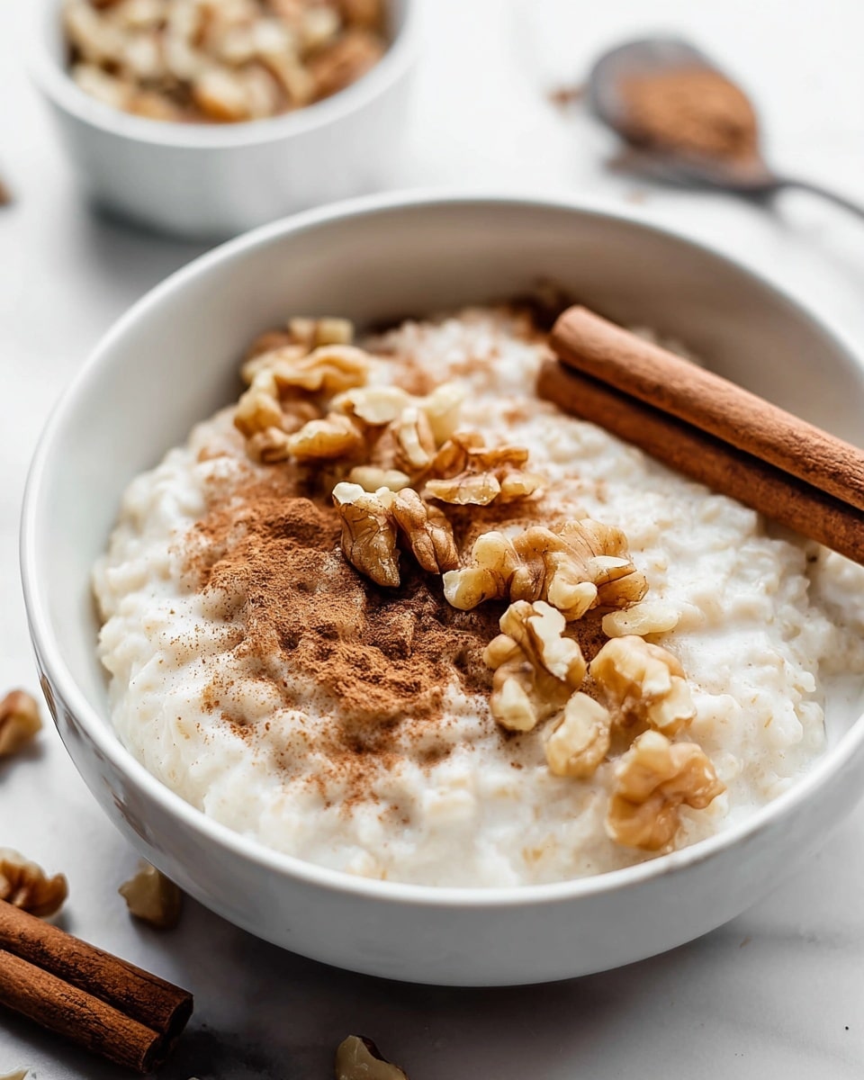 A close-up view of a pot filled with creamy rice pudding showing about two layers: the base layer is a thick, smooth, white creamy mixture with visible soft rice grains, and the second layer includes two dark brown cinnamon sticks partly covered by the pudding. A light brown wooden spoon rests inside the pot stirring the pudding on the right side. The pot's interior is light beige, and the pot itself is white. The background has a white marbled texture. Photo taken with an iphone --ar 4:5 --v 7