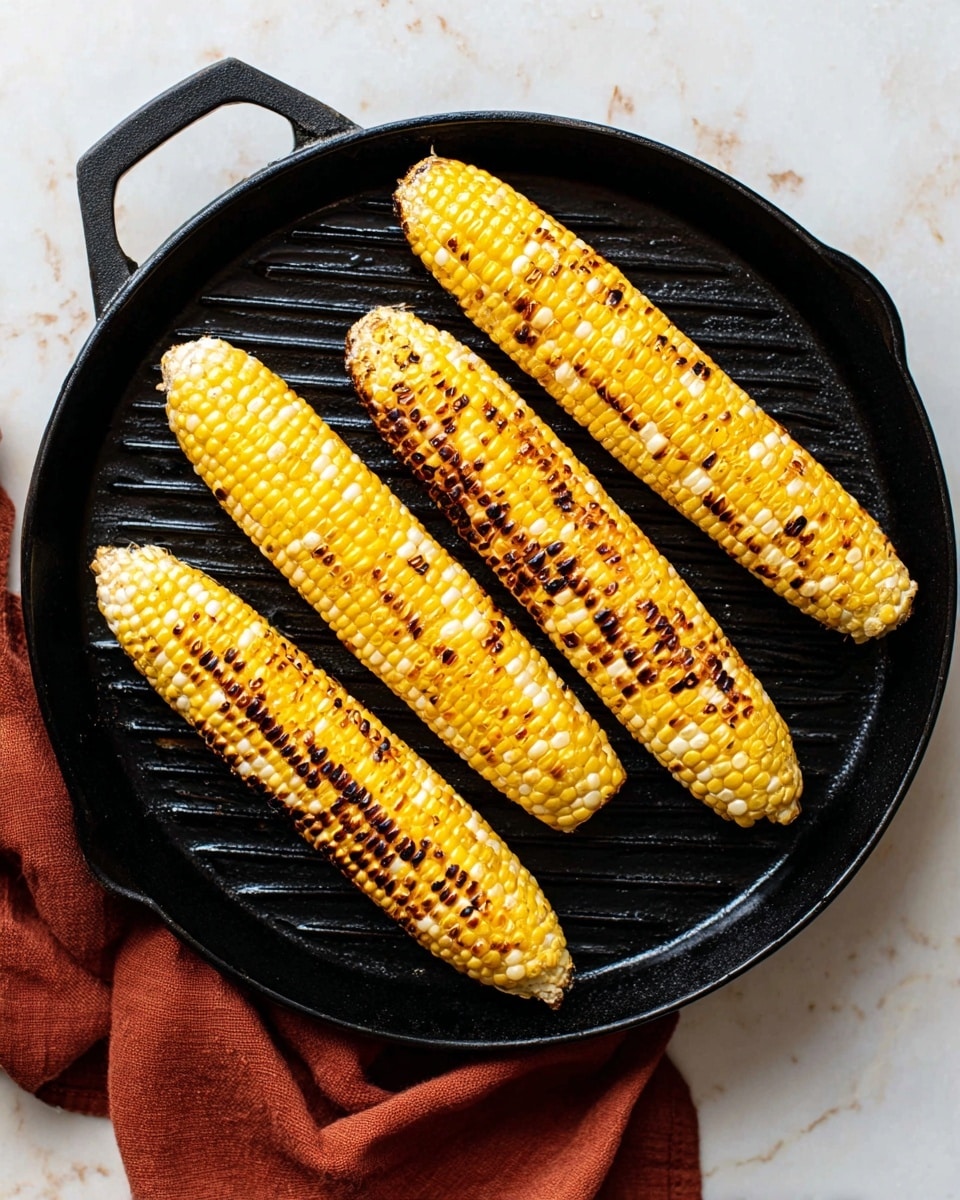 Four grilled corn on the cobs with yellow and white kernels sit on a black cast iron round grill pan with a handle, placed on a white marbled surface. The corn shows clear grill marks with some dark brown spots, arranged parallel and close to each other on the pan. Below the pan is a rust-colored cloth partially visible in the corner. Photo taken with an iphone --ar 4:5 --v 7