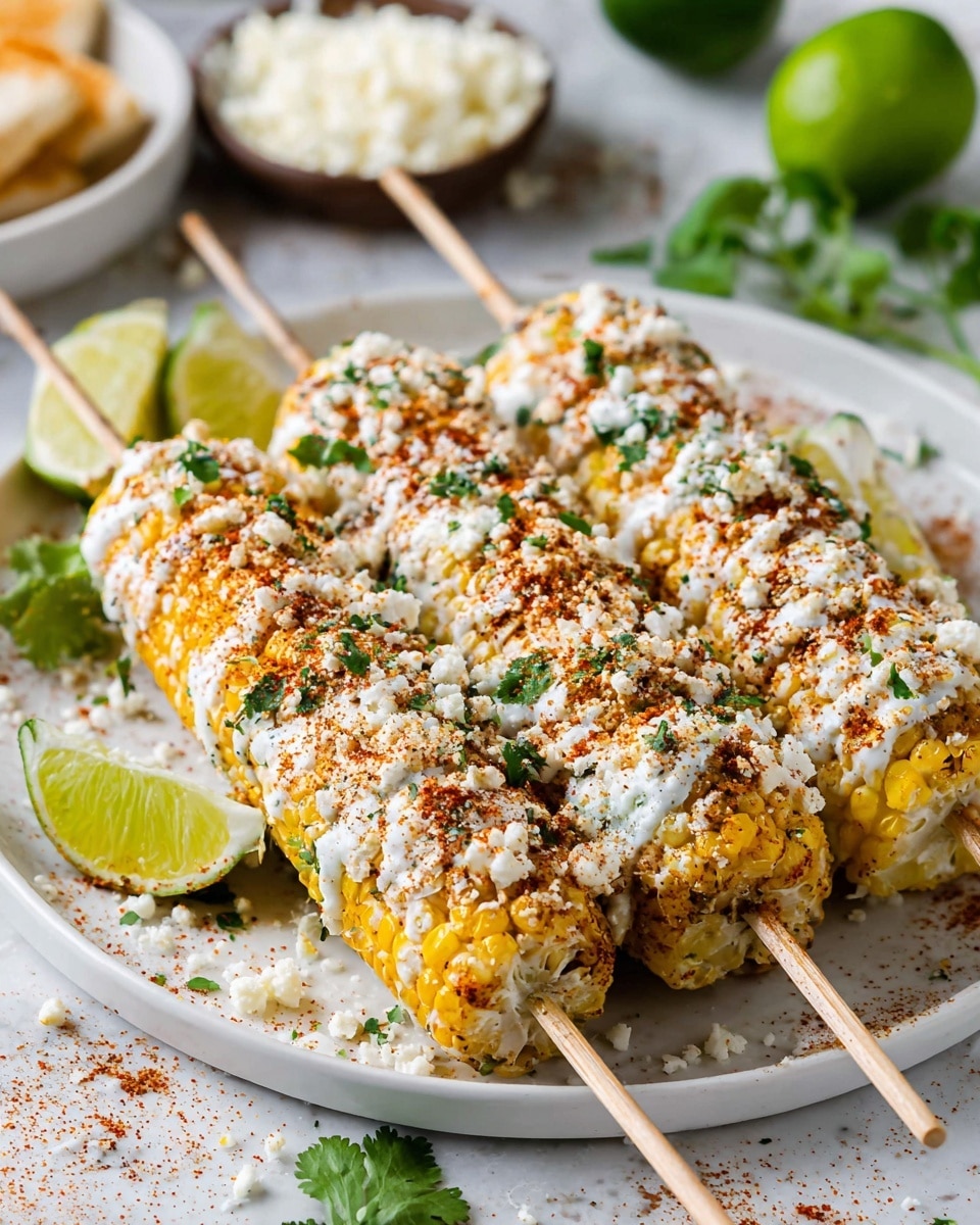 The image shows three ears of corn lying side by side on a white plate. Each corn has a base layer of yellow corn kernels, covered thickly with a creamy white sauce. On top of the sauce, there is a generous layer of white crumbly cheese sprinkled all over, with small green herb pieces scattered on the surface. A reddish powder is lightly dusted on top of the cheese in spots, adding color contrast. Lime wedges and fresh green cilantro leaves are placed around the corn, adding freshness to the composition. The whole setting is on a white marbled textured surface. photo taken with an iphone --ar 4:5 --v 7