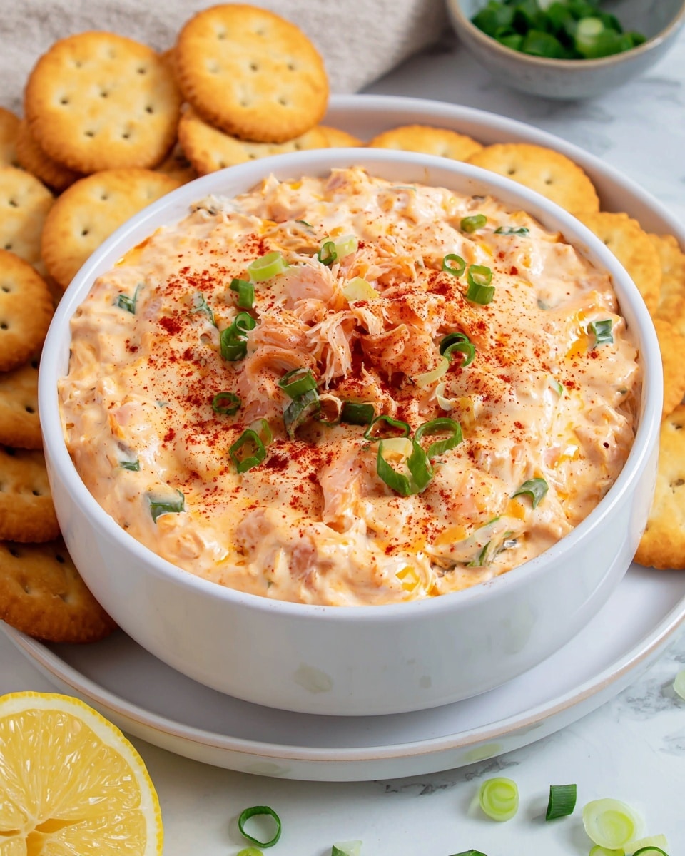 A white bowl filled with creamy, light orange creamy dip mixed with small green onion pieces. On top, there are chunks of orange salmon and a sprinkle of red paprika powder. The bowl sits on a white marbled surface, and behind it is a white plate full of golden brown round crackers. Some chopped green onion pieces are scattered around the bowl, and a halved lemon is visible at the bottom edge. photo taken with an iphone --ar 4:5 --v 7