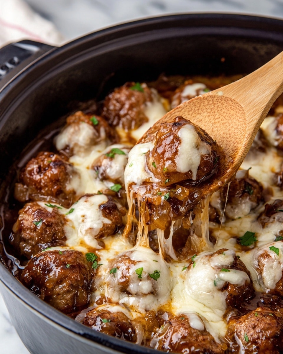 The image shows a close-up of a round black pot filled with browned meatballs covered in melted white cheese and light brown cooked onions. The meatballs are in a layer of shiny, rich brown sauce that looks thick and flavorful. Some small green herb pieces are sprinkled on top, adding a touch of color. A wooden spoon is lifting several meatballs, showing their moist texture and the cheese strings melting over them. The pot rests on a white marbled surface. Photo taken with an iphone --ar 4:5 --v 7
