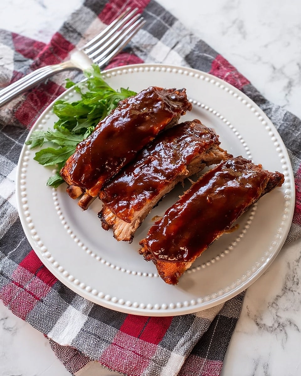 Three thick pieces of cooked ribs with a dark brown, crispy outer layer are placed in the center of a white plate. The ribs show a tender, lighter brown inside with visible texture. A small bunch of bright green cilantro rests at the top edge of the plate. The plate is set on a white marbled surface with a checkered cloth in red, black, and beige to the side. A silver fork lies on the surface near the cloth. photo taken with an iphone --ar 4:5 --v 7