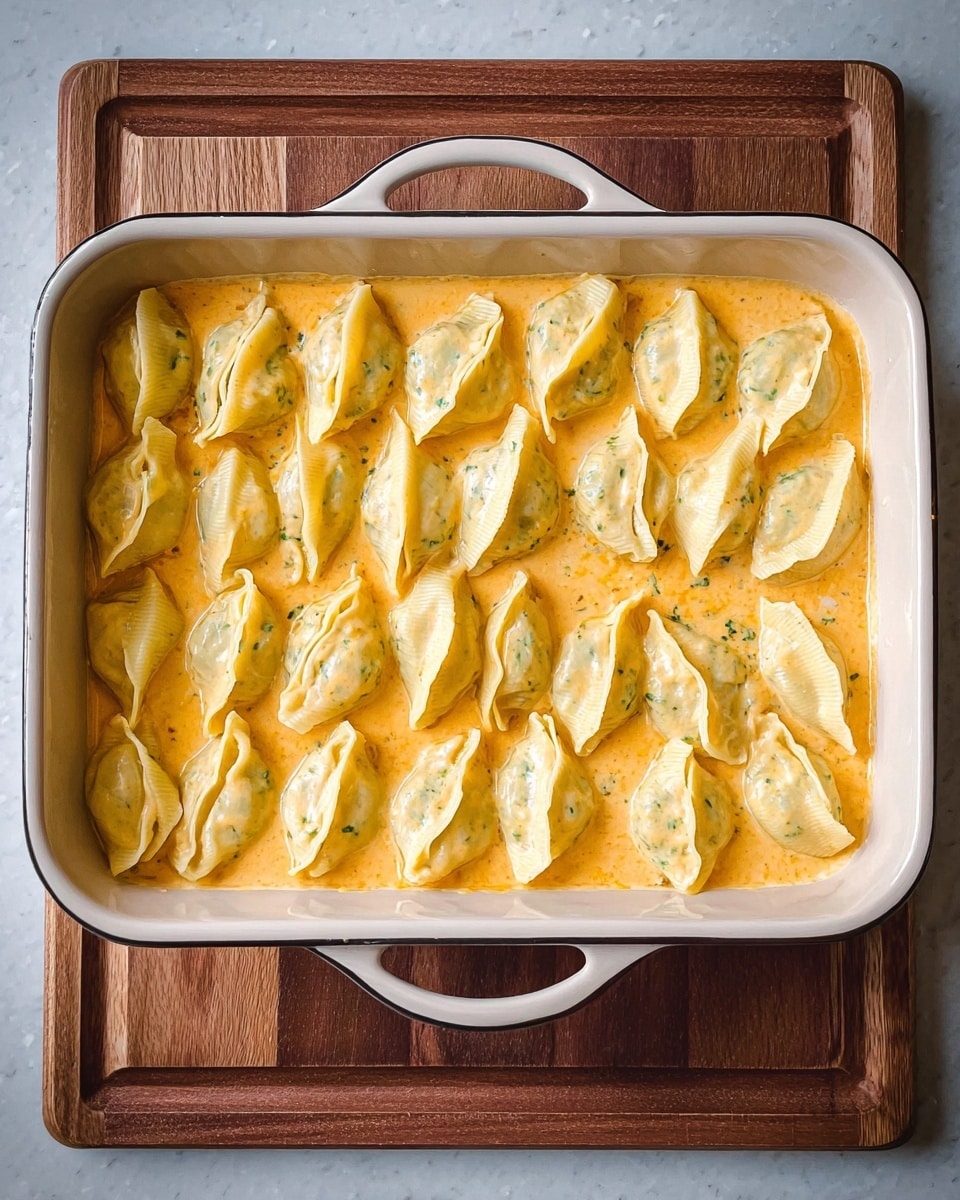 The image shows a white rectangular baking dish with two handles, filled with a creamy orange sauce that has small green herb bits mixed throughout. On top of the sauce, there are 28 half-moon shaped pasta pieces arranged closely together in neat rows, each pasta piece having a soft yellow color and smooth texture. The baking dish is set on a wooden tray, all placed on a white marbled surface. photo taken with an iphone --ar 4:5 --v 7