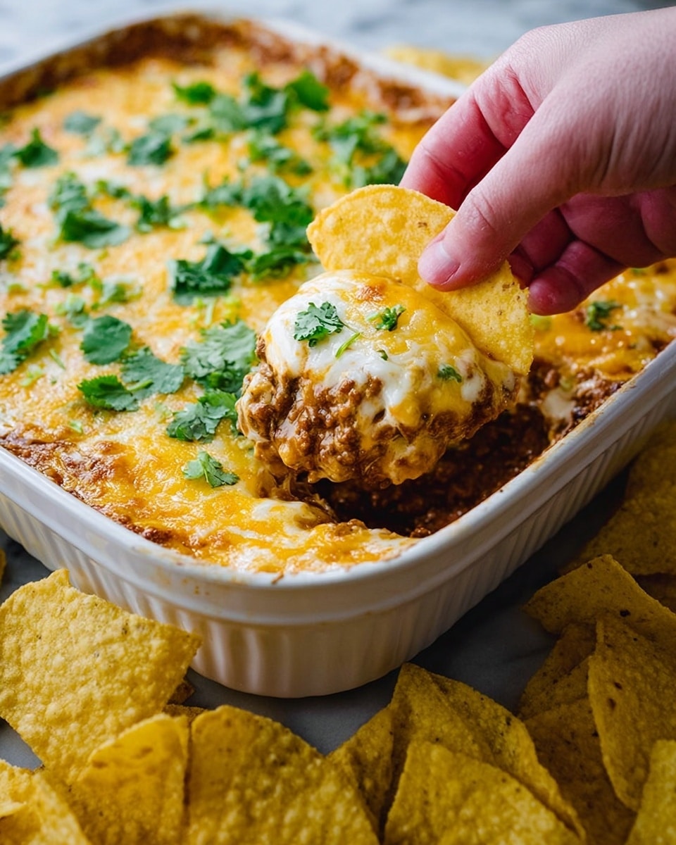 The image shows a close-up of a woman’s hand lifting a yellow tortilla chip dipped in thick, creamy dip from a white rectangular dish. The dip has two visible layers: the bottom layer is a chunky, brownish bean or meat mixture with a rich texture, while the top layer is a smooth, melted layer of light yellow cheese sprinkled with bright green cilantro leaves scattered over it. The dish sits on a white marbled surface with many more yellow tortilla chips scattered around it. The lighting is bright, highlighting the warm colors of the dip and chips. photo taken with an iphone --ar 4:5 --v 7
