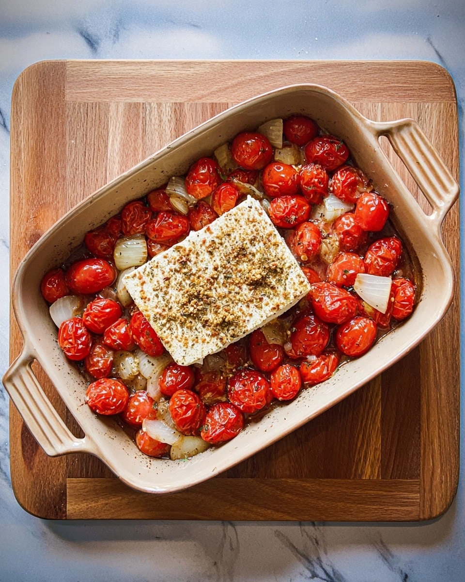 A rectangular white baking dish with handles holds a single large block of soft cheese in the center, covered with light brown seasoning on top. Surrounding the cheese, there are many small, bright red cherry tomatoes scattered evenly, mixed with small pieces of white onion. The dish is placed on a light wooden board. The scene sits on a white marbled textured surface, showing a warm and cozy kitchen setting. photo taken with an iphone --ar 4:5 --v 7