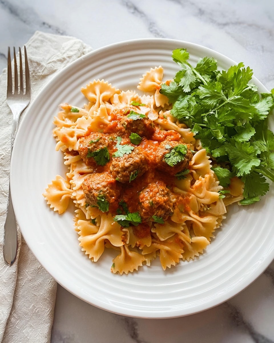 A white plate holds a dish with three clear layers: the bottom layer is creamy pasta shaped like small bow ties in light tan color, the middle layer has small brown meatballs scattered evenly, and the top layer has a light reddish-orange sauce coating the pasta and meatballs. On the right side of the plate, there is a bunch of fresh green cilantro leaves adding a bright contrast to the dish. The plate sits on a white marbled surface with a fork placed to the left. Photo taken with an iphone --ar 4:5 --v 7