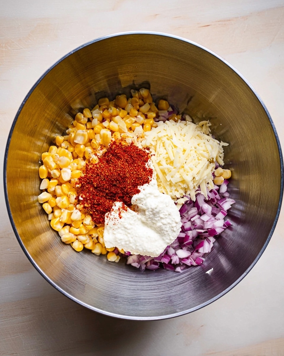 A silver metal bowl sits on a white marbled surface, filled with five clear layers of ingredients that create a colorful mix. On the left side, there is a heap of small, bright yellow corn kernels. To the right, finely chopped red onion pieces show a mix of purple and white colors. Above the corn and onion, shredded pale yellow cheese is placed in a compact pile. In between cheese and onion, there is a dollop of white sour cream, smooth and thick. On top of the sour cream, bright red paprika powder is sprinkled, creating a strong contrast with the white cream below. The bowl is lit with soft, even light and the colors of food appear fresh and natural. Photo taken with an iphone --ar 4:5 --v 7