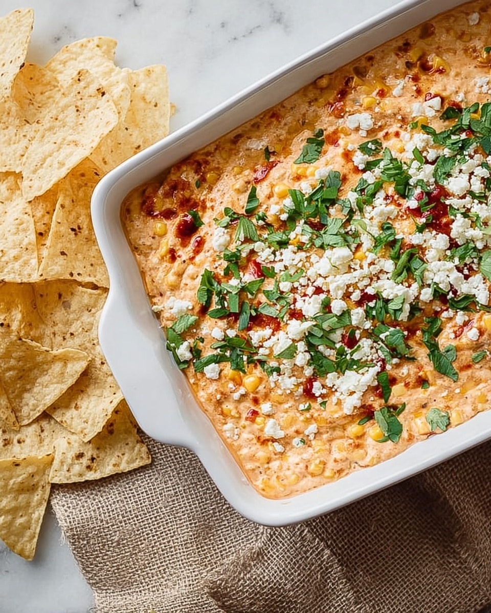 A white rectangular dish filled with a creamy dip that has a light orange color mixed with visible bits of corn and red peppers. The top layer is sprinkled with small white crumbly cheese pieces scattered unevenly and fresh chopped green herbs spread over the cheese. The dish sits on a white marbled surface with a rough beige cloth nearby, and several triangular light-colored tortilla chips are arranged next to the dish. Photo taken with an iphone --ar 4:5 --v 7