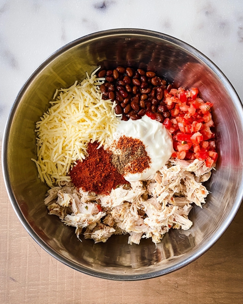 The image shows a large silver mixing bowl placed on a white marbled surface, filled with six visible layers of ingredients. Starting from the top left and moving clockwise, there is a pile of light yellow shredded cheese, dark brown cooked beans, a dollop of white sour cream with a sprinkle of red seasoning on top, finely chopped red tomatoes, light beige shredded chicken, and a small mound of reddish-brown paprika or chili powder in the center. The colors and textures contrast clearly against the metal bowl, each ingredient kept separate and fresh looking. Photo taken with an iphone --ar 4:5 --v 7