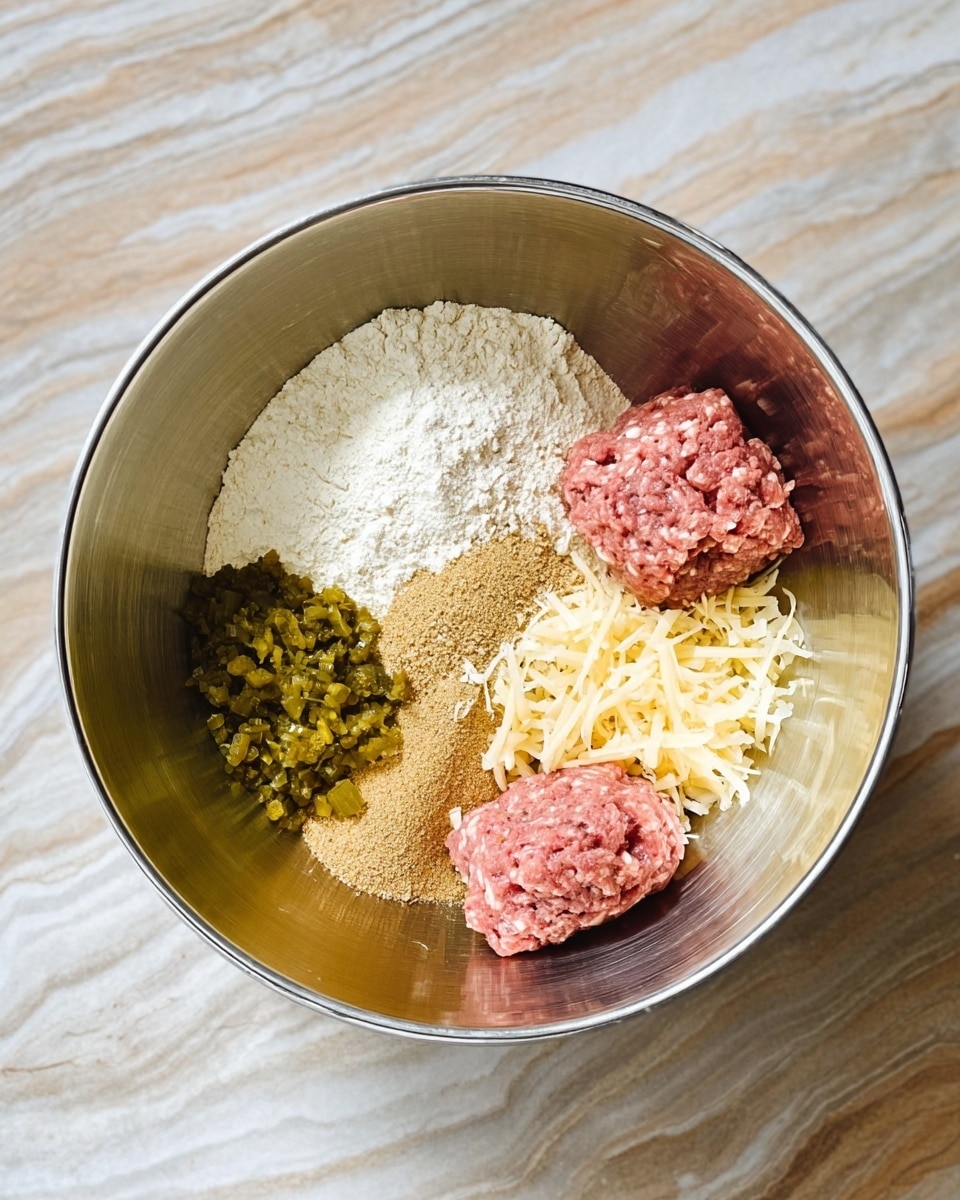 A metal mixing bowl contains five distinct ingredients arranged in separate piles: a heap of white flour, a mound of light brown seasoning powder, a small pile of finely chopped green pickles, a portion of shredded pale yellow cheese, and two pieces of raw ground pink meat, one smaller and one larger, positioned close to each other. The bowl is set on a white marbled texture surface. Photo taken with an iphone --ar 4:5 --v 7