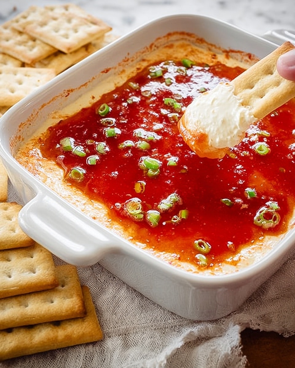 The image shows a white rectangular ceramic dish filled with a layered dip. The bottom layer is creamy and off-white, smooth in texture, and it fills the dish almost to the edges. The top layer is a bright orange-red sauce with a shiny, slightly wet look, evenly spread over the creamy layer. Small rings of green onions are scattered on the top layer, adding a touch of green and white color. The dish sits on a dark wooden table, with several golden rectangular crackers placed overlapping on the left side of the dish. A white marbled texture is behind the dish area. Photo taken with an iphone --ar 4:5 --v 7