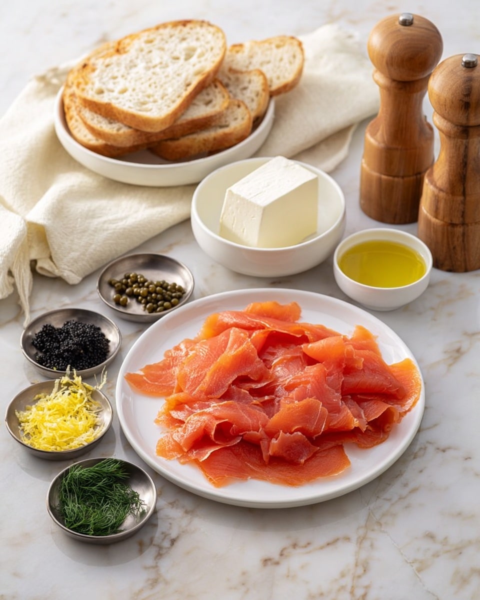 The image shows a white plate piled with many thin slices of red-orange smoked salmon, placed on a white marbled surface. Behind it, a white bowl holds a block of smooth, white cream cheese. To the left, a white bowl is filled with several slices of light golden bread, some stacked and some leaning around the edge. Small metal bowls hold yellow lemon zest, dark black caviar, and green dill, each with distinct textures. There is also a small white cup with light yellow liquid, a small metal bowl with olive oil, and two wooden pepper mills, one taller and one shorter, standing side by side. A cream-colored cloth napkin is draped softly next to the cheese bowl. Photo taken with an iphone --ar 4:5 --v 7