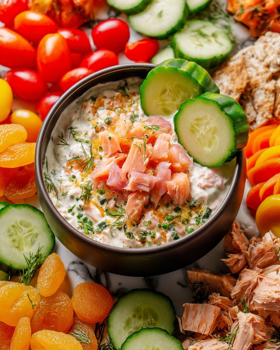 A wooden board filled with many colorful foods sits on a white marbled surface. In the center, a dark bowl with a creamy white topping mixed with green herbs and small pink-orange pieces, garnished with cucumber slices on top. Around it, there are bright red and yellow cherry tomatoes, dill sprigs, and pickled pink onions. There are small white bowls with creamy dips, one with green capers and another with a pale beige spread. Golden grilled crackers with grill marks are piled next to smoked salmon with capers. Near the front, sliced green cucumbers and round light beige crackers are placed next to spicy reddish shrimp and more small tomatoes. Plus, bunches of green grapes, dried orange apricots, and a small jar of grainy yellow-brown mustard with capers peek through on the side. A white ramekin filled with golden honey and a wooden dripper rests on the right side. The scene is bright and fresh with a mix of textures and colors, photo taken with an iphone --ar 4:5 --v 7