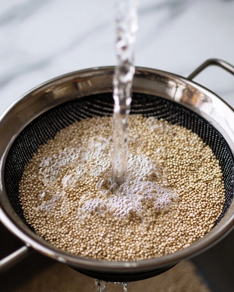 A close-up image shows a metal strainer with a black inner pattern holding small round quinoa seeds, light beige in color. Clear water is pouring down from above into the strainer, creating bubbles and some slight foam on the surface of the quinoa. The strainer is set against a white marbled texture background. photo taken with an iphone --ar 4:5 --v 7