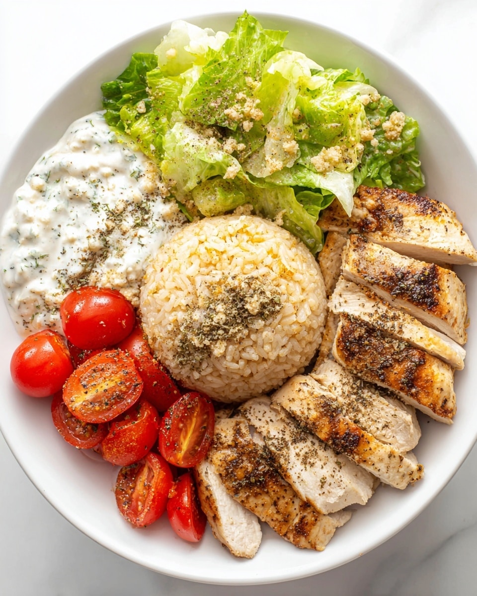In a white bowl on a white marbled surface, a dish is arranged with four main components: in the center, there is a mound of light brown rice sprinkled with dark seasoning, to one side there are slices of grilled light brown chicken with spices on top, on another side a creamy white sauce with flecks of green herbs and dotted with seasoning, and next to it fresh green lettuce leaves mixed with shiny red cherry tomatoes also seasoned. The ingredients are placed close together to fill the bowl, creating a balanced mix of colors and textures. photo taken with an iphone --ar 4:5 --v 7