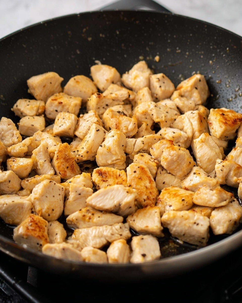 The image shows a black pan filled with small pieces of cooked chicken. The chicken pieces are light golden brown with some darker seared spots, each piece roughly cubed. The chicken has a slightly shiny texture, indicating moisture and a bit of oil or juice. There are visible small black pepper flakes spread evenly over the chicken. The pan is placed on a stovetop, and the background is a white marbled texture. photo taken with an iphone --ar 4:5 --v 7