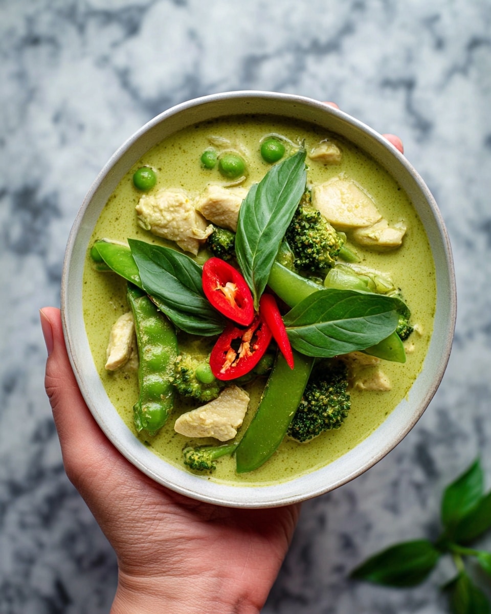 A bowl of green curry with three main layers is shown, held by a woman's hand. The bottom layer is a smooth, light green curry sauce filling the bowl. The second layer includes pieces of pale yellow chicken, green snow peas, and broccoli, all lying within the sauce. On top, there are bright red sliced chili rings and fresh green basil leaves placed in the center as garnish. The bowl is white and sits on a white marbled surface. Photo taken with an iphone --ar 4:5 --v 7