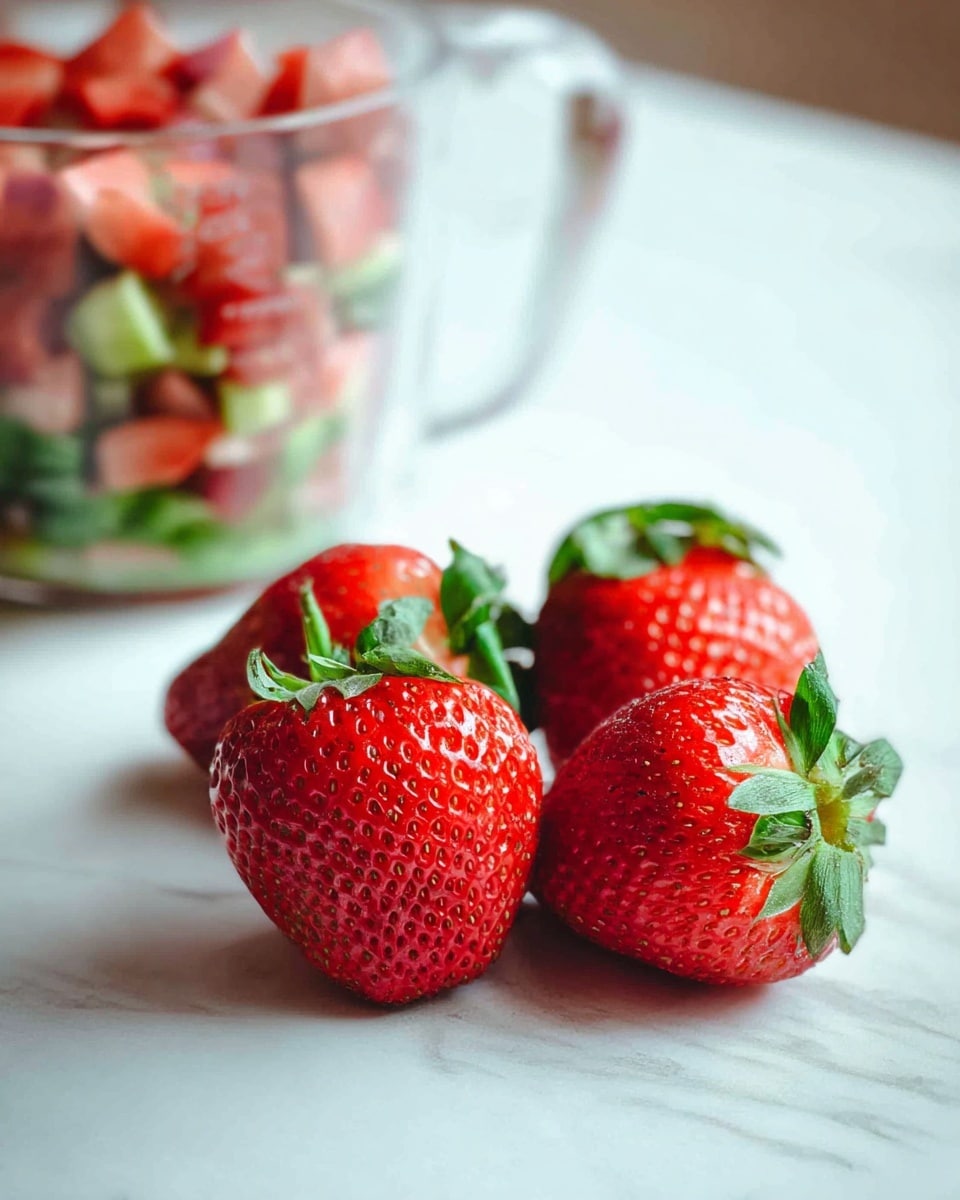 Four bright red strawberries with green leafy tops sit close together on a smooth white marbled surface in the front, showing their detailed texture and seeds clearly. Behind them, there is a clear glass measuring cup filled with small green and pink chopped pieces, slightly out of focus but adding color and depth to the scene. The whole setup is simple and fresh, highlighting the natural look of the strawberries and the chopped mixture in the glass cup. photo taken with an iphone --ar 4:5 --v 7