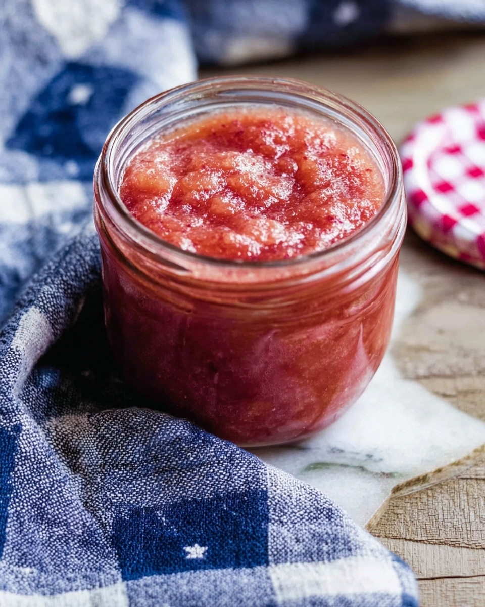 A close-up of a clear glass jar filled with a thick, textured pinkish-red spread that looks like strawberry jam, sitting on a rustic wooden surface with a white marbled texture in the background. The jar is open, showing the uneven, slightly chunky surface of the jam inside. A blue and white checkered cloth with stars is folded and placed next to the jar, and the jar's white and pink checked lid is resting nearby. photo taken with an iphone --ar 4:5 --v 7