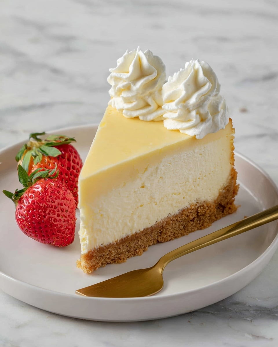 The image shows a slice of cheesecake on a white plate with a white marbled surface underneath. The cheesecake has three layers: a light brown crumbly base, a thick creamy light yellow middle layer, and a smooth pale yellow top layer. There are three swirls of white whipped cream on top of the cheesecake. To the left of the cheesecake, two fresh strawberries with green leaves are placed on the plate. A brass-colored cake server is slightly visible under the right side of the cheesecake. The photo taken with an iphone --ar 4:5 --v 7