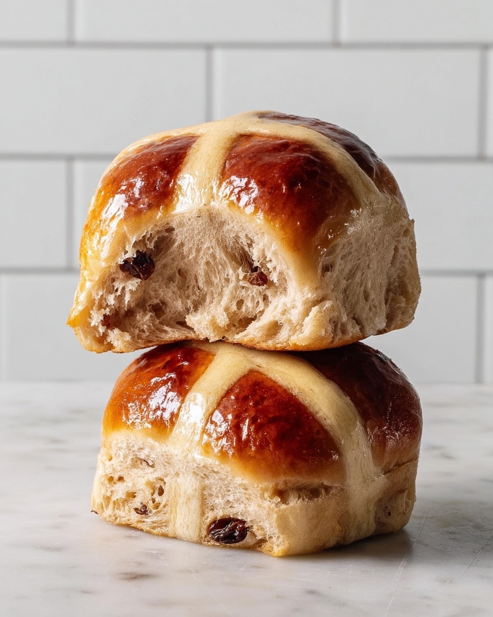 The image shows ten round, shiny golden-brown buns with a smooth, slightly glossy surface, each marked on top with two crossing pale yellow lines forming an X shape. The buns are placed on white parchment paper over a metal cooling rack, which sits on a white marbled surface. One bun in the lower left corner is open with a square piece of yellow butter melting inside, and another bun nearby has a small bite taken from it, revealing its light, soft interior with dark spots of dried fruit. photo taken with an iphone --ar 4:5 --v 7