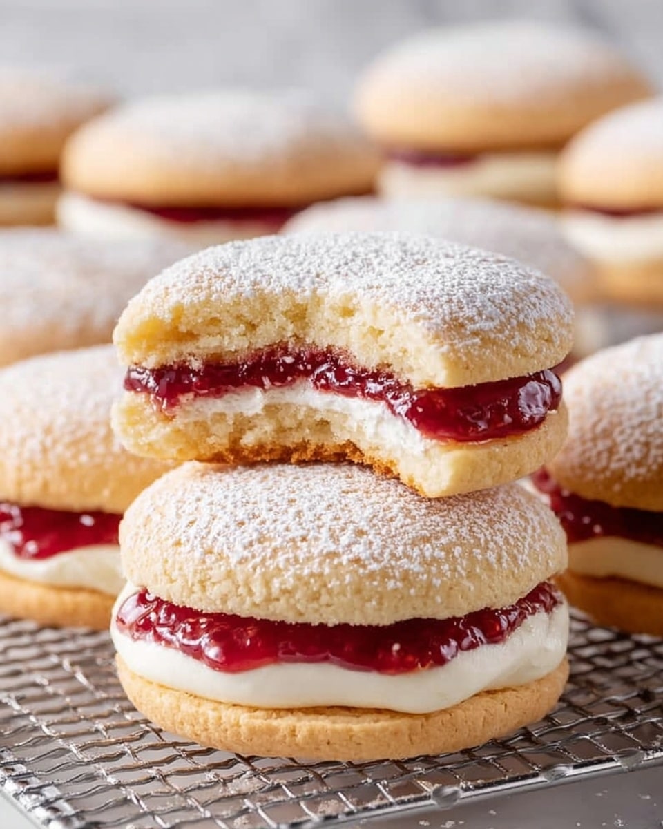 The image shows several small sandwich cakes with two golden, soft spongy layers dusted with powdered sugar on top. The bottom layer holds a thick, smooth white cream layer, followed by a bright red jelly layer directly beneath it. One sandwich on top is open wide, showing the moist inside texture of the top spongy layer, thick cream, and shiny jelly. They sit on a light-colored tray with a white marbled surface in the background. photo taken with an iphone --ar 4:5 --v 7