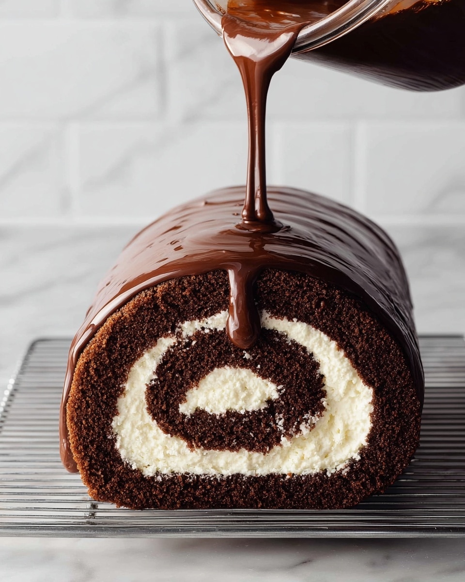 A close-up view of a chocolate roll cake with two main layers: a dark brown, soft cake layer forming the outer and inner rings, and a thick, creamy white filling layer spiraled in the center. The top of the cake is covered with a smooth, shiny dark chocolate glaze being poured from a glass container, slowly dripping over the curved top and sides. The cake sits on a metal rack with a white marbled background behind it. photo taken with an iphone --ar 4:5 --v 7